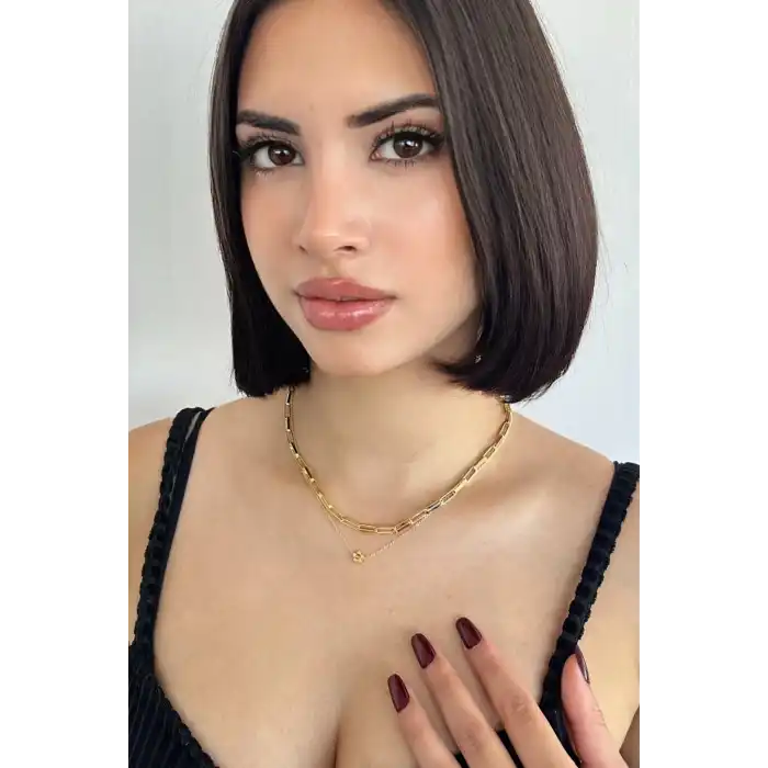 Altın Renk Çiçek Figürlü İkili Kolye