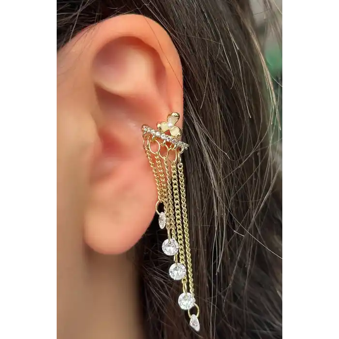Altın Renk Çiçek Figürlü Sallantılı Ear Cuff (Tek)