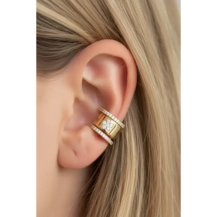 Altın Renk Çiçek Figürlü Taş Detaylı 14K Altın Kaplama TX Ear Cuff (Tek)