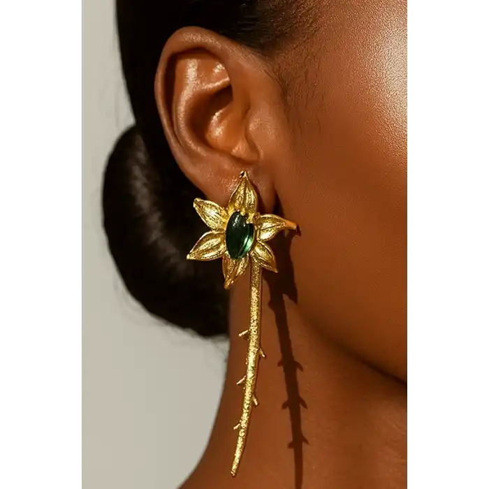 Altın Renk Çiçek Figürlü Taş Detaylı 14K Altın Kaplama TX Küpe (Çift)