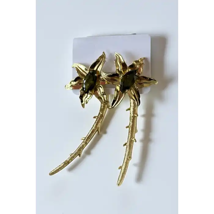 Altın Renk Çiçek Figürlü Taş Detaylı 14K Altın Kaplama TX Küpe (Çift)