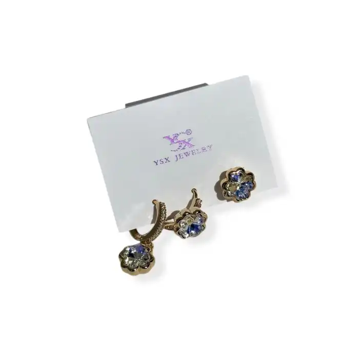 Altın Renk Çiçek Figürlü Taş Detaylı 3lü YSX Küpe Set