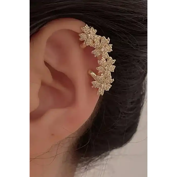 Altın Renk Çiçek Figürlü Taş Detaylı Ear Cuff (Tek)
