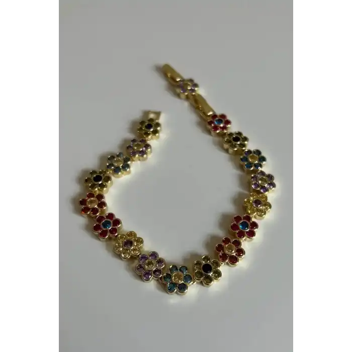 Altın Renk Çiçek Figürlü Taş Detaylı Tasarım Bileklik