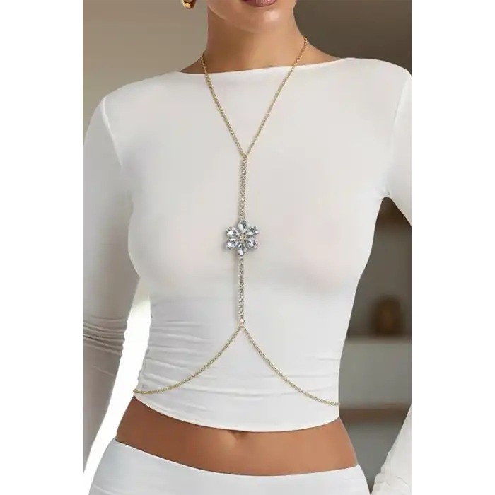 Altın Renk Çiçek Figürlü Taş Detaylı Tasarım Vücut Aksesuar