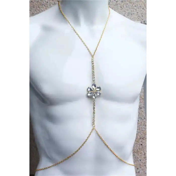 Altın Renk Çiçek Figürlü Taş Detaylı Tasarım Vücut Aksesuar