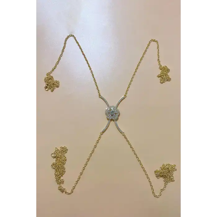 Altın Renk Çiçek Figürlü Taş Detaylı Tasarım Vücut Aksesuar