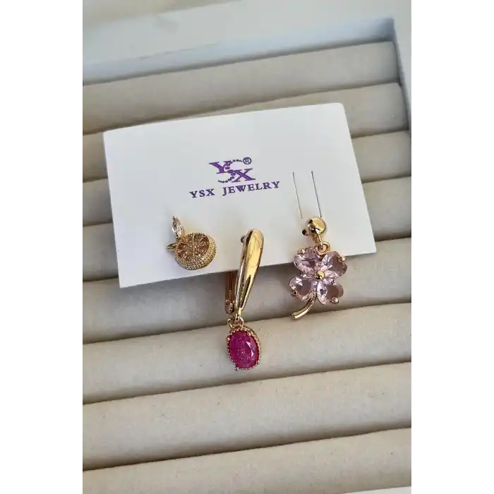Altın Renk Çiçek Figürlü Taş Detaylı VİP 3lü YSX Küpe Set