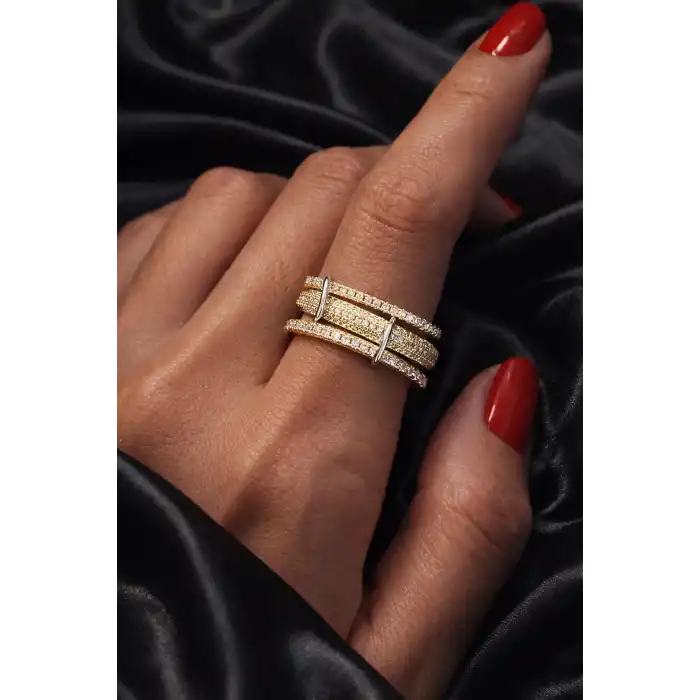 Altın Renk Çoklu Halka Detaylı Taşlı Yüzük