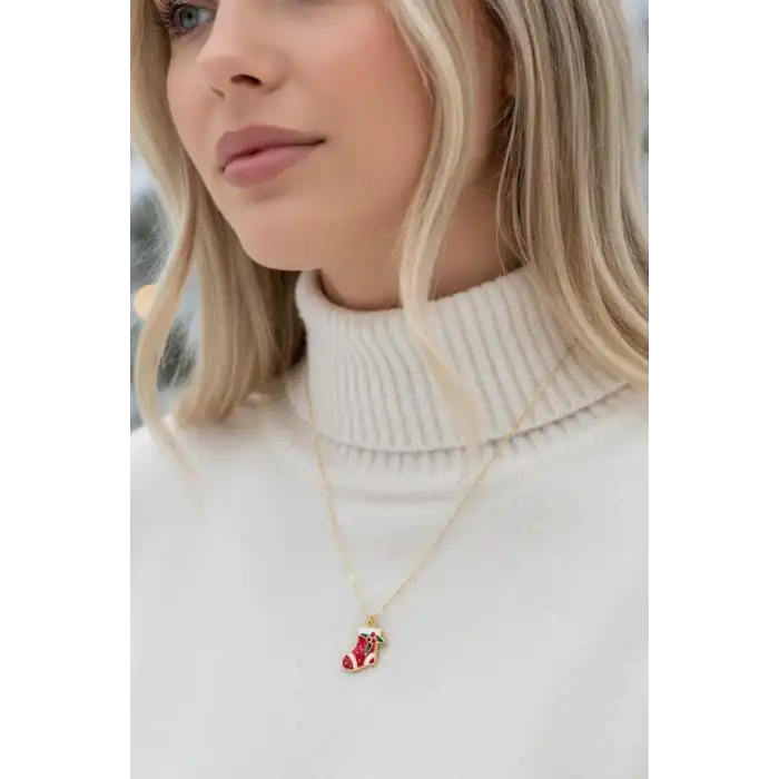 Altın Renk Çorap Figürlü Çelik Yılbaşı Kolyesi