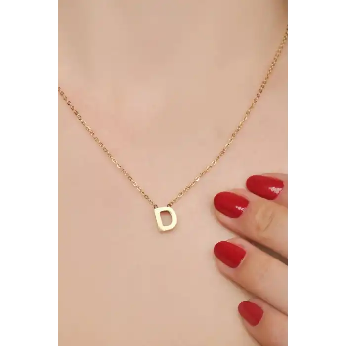 Altın Renk D Harf Çelik Kolye