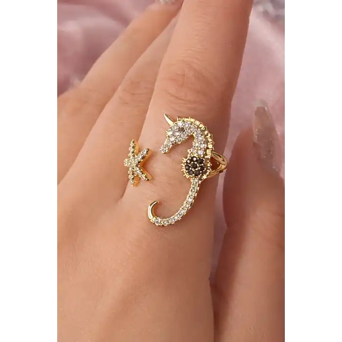 Altın Renk Deniz Atı Figürlü Ayarlanabilir Yüzük