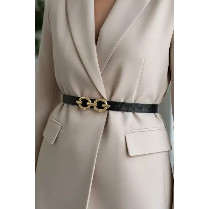 Altın Renk Deri Detaylı Kadın Kemer