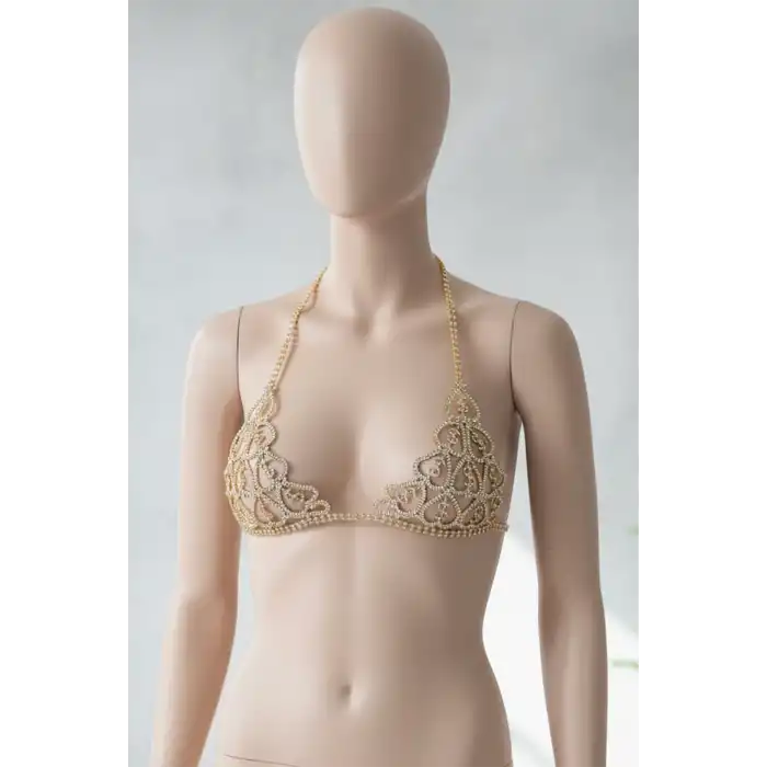 Altın Renk Dolar Figürlü Taşlı Bikini Üstü /Bralet /Vücut Aksesuarı