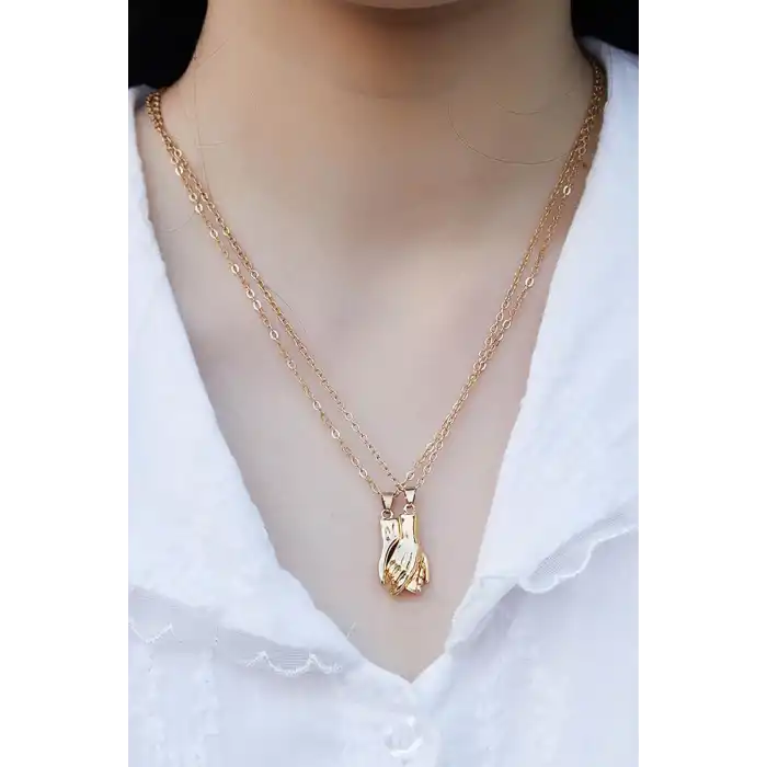 Altın  Renk El Detaylı Mıknatıslı Çelik Sevgili/Arkadaş Kolyesi