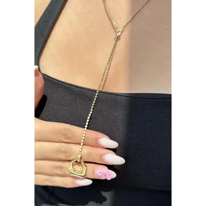 Altın Renk Ezme Zincir Detaylı Y Kolye