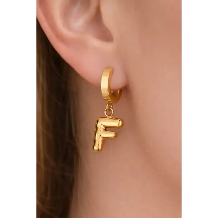 Altın Renk F Harf Çelik Küpe (Çift)