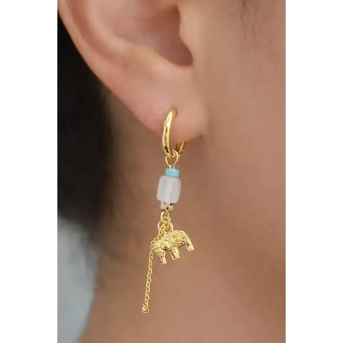 Altın Renk Fil Figürlü Taş Detaylı Küpe (Çift)