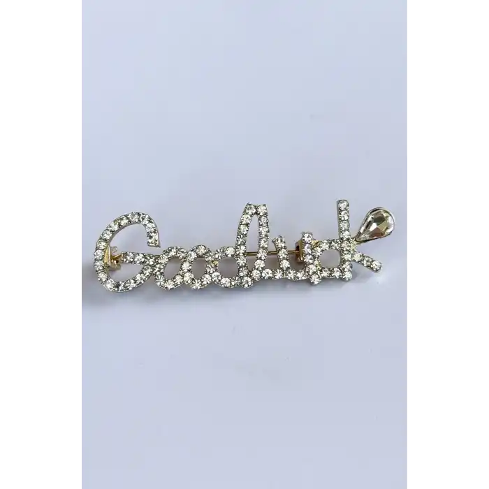 Altın Renk Good Luck Yazılı Taşlı Broş