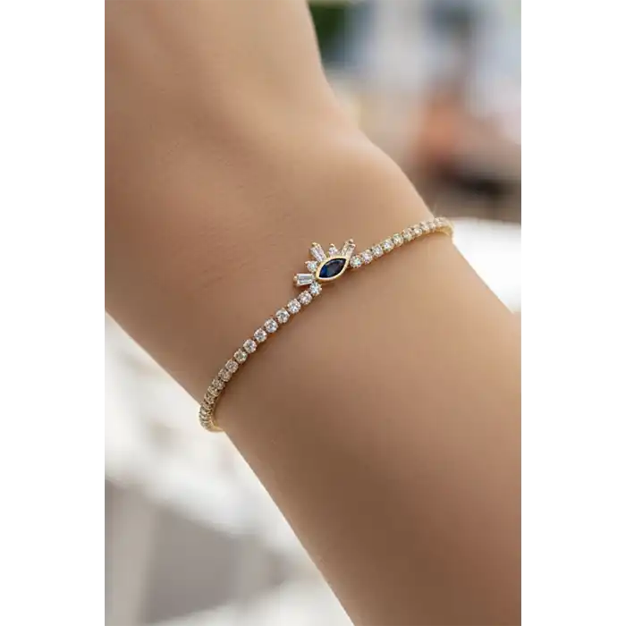 Altın Renk Göz Detaylı Taşlı 14K Altın Kaplama Tx Bileklik