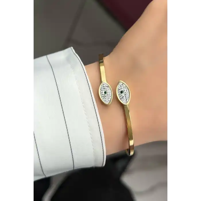 Altın Renk Göz Figürlü Çelik Kelepçe Bileklik
