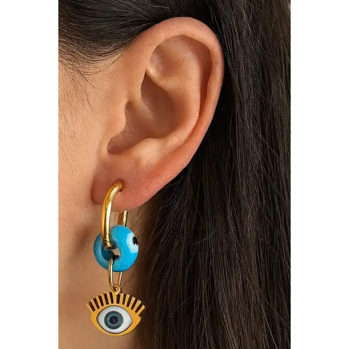 Altın Renk Göz Figürlü Çelik Küpe (Çift)