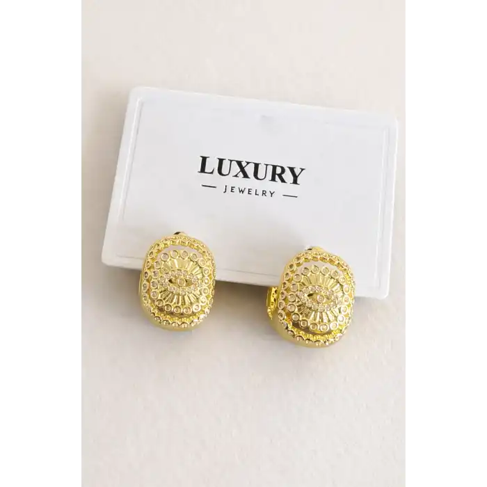 Altın Renk Göz Figürlü Taş Detaylı 14k Altın Kaplama Küpe (Çift)