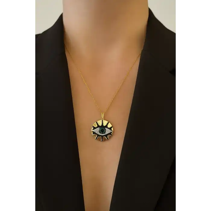 Altın Renk Göz Figürlü Taş Detaylı 14k Altın Kaplama TX Kolye