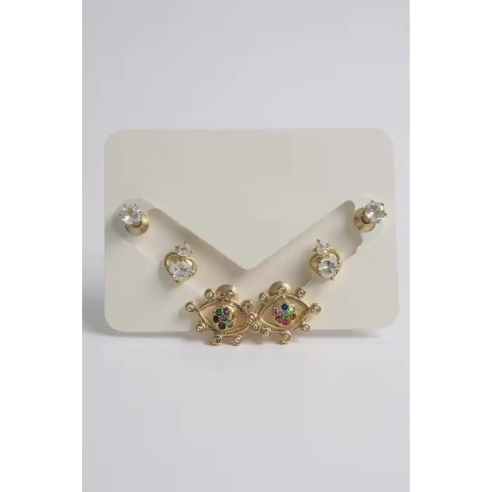 Altın Renk Göz Figürlü Taş Detaylı 6lı Küpe Set