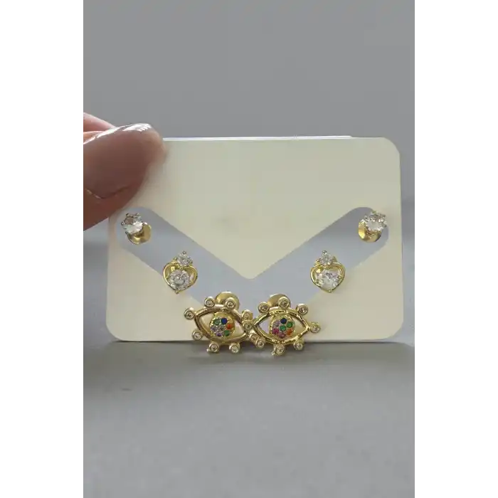 Altın Renk Göz Figürlü Taş Detaylı 6lı Küpe Set