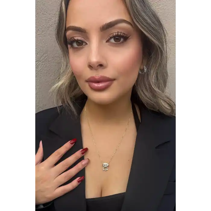 Altın Renk Göz Figürlü Taş Detaylı Altın Kaplama VİP Kolye