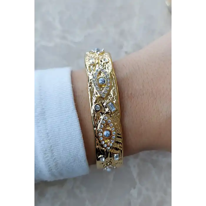 Altın Renk Göz Figürlü Taş Detaylı Çelik Kelepçe Bileklik