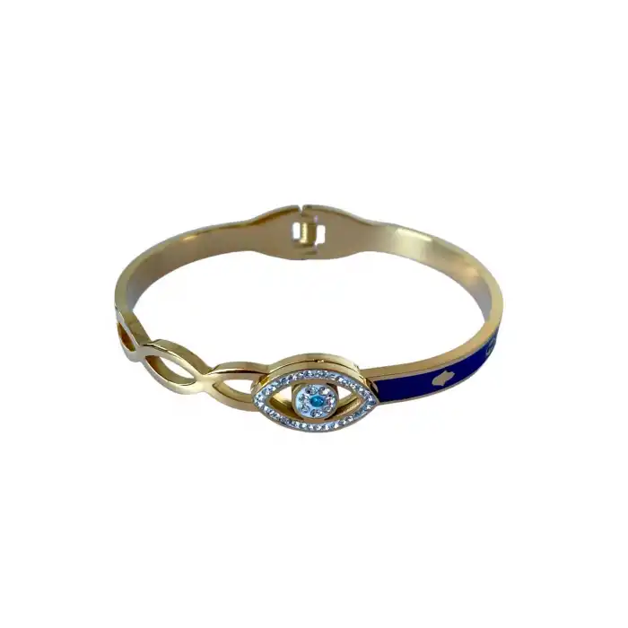 Altın Renk Göz Figürlü Taş Detaylı Çelik Kelepçe Bileklik