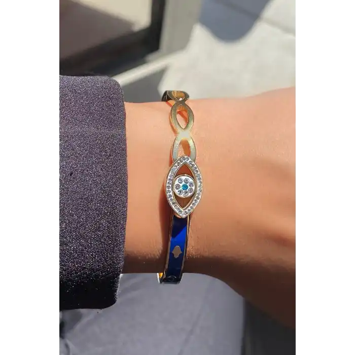 Altın Renk Göz Figürlü Taş Detaylı Çelik Kelepçe Bileklik