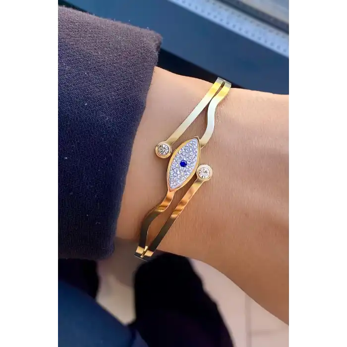 Altın Renk Göz Figürlü Taş Detaylı Çelik Kelepçe Bileklik