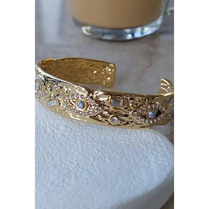 Altın Renk Göz Figürlü Taş Detaylı Çelik Kelepçe Bileklik