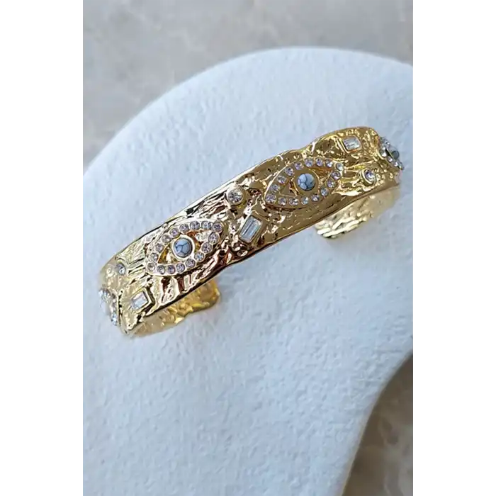 Altın Renk Göz Figürlü Taş Detaylı Çelik Kelepçe Bileklik