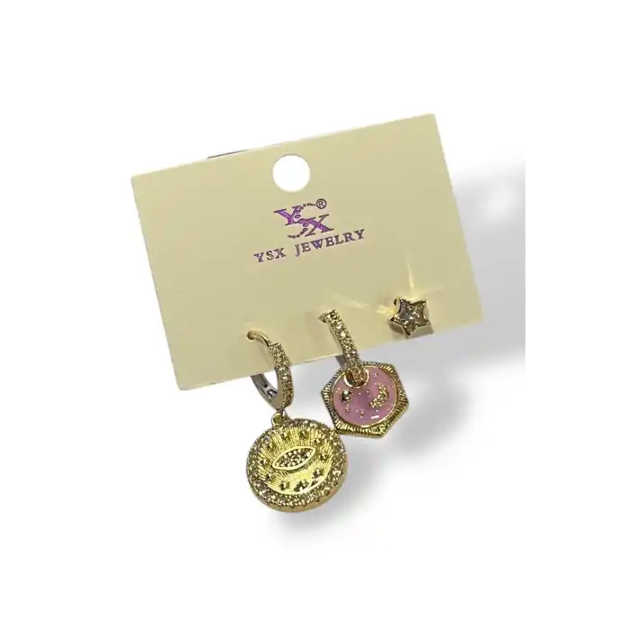 Altın Renk Göz Figürlü VİP 3lü YSX Küpe Set