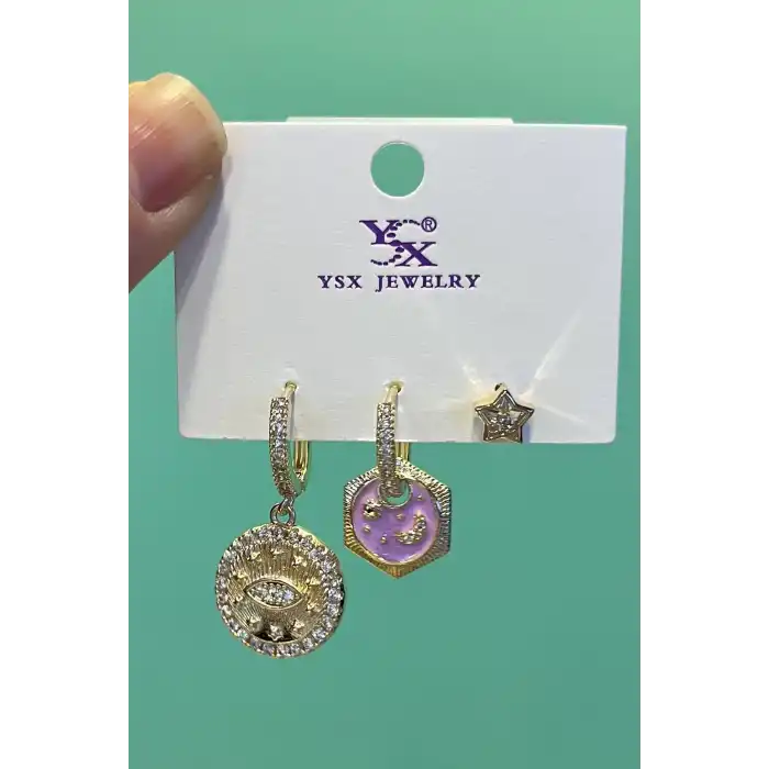Altın Renk Göz Figürlü VİP 3lü YSX Küpe Set