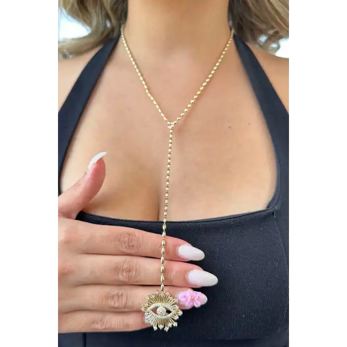 Altın Renk Göz Figürlü Y Kolye