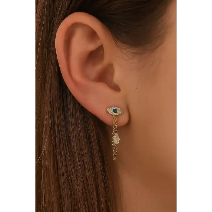 Altın Renk Göz Ve El Figürlü Sallantılı Cerrahi Çelik Tragus/Kıkırdak Küpe/Piercing (Tek)