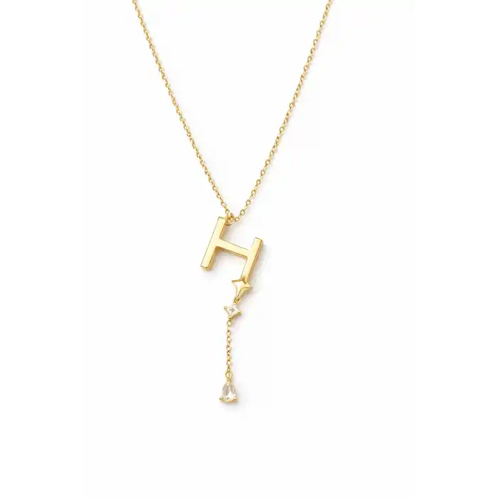 Altın Renk H Harfli Taş Detaylı Çelik Kolye