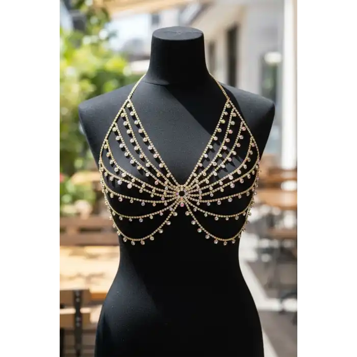 Altın Renk Hologram Taş Detaylı Bralet Vücut Aksesuarı