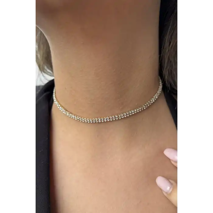 Altın Renk İki Sıra Taş Detaylı Choker Kolye