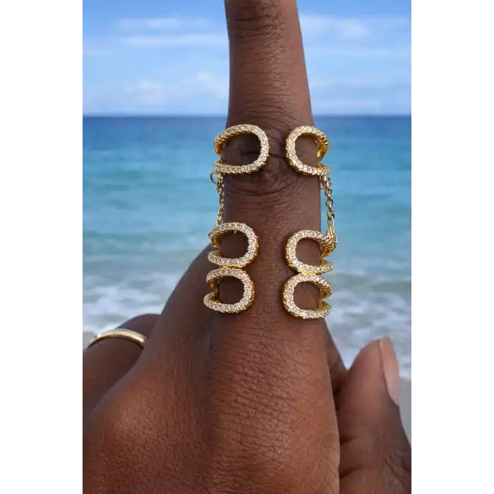 Altın Renk İkili Taşlı Ayarlanabilir Yüzük