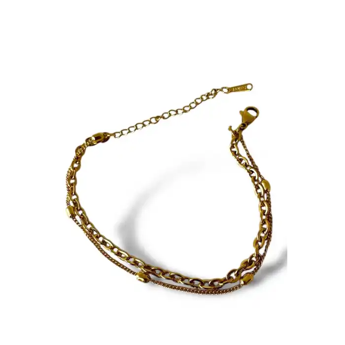 Altın Renk İkili Zincir Detaylı Çelik Bileklik
