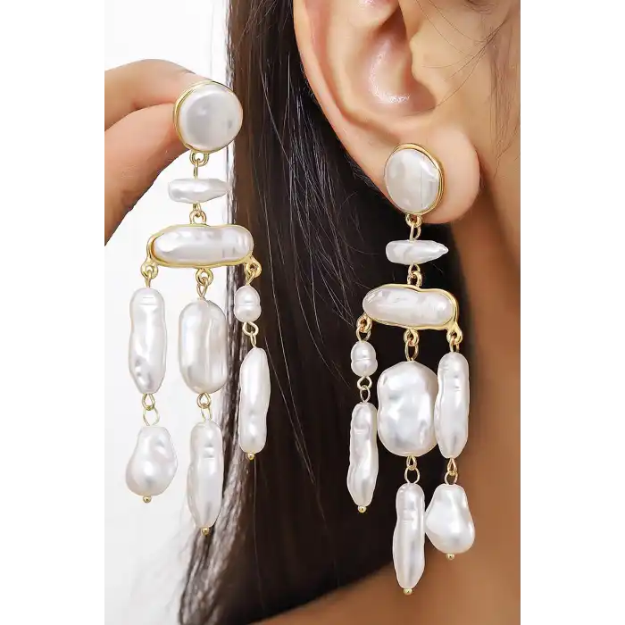 Altın Renk İnci Detaylı Abiye Küpe (Çift)