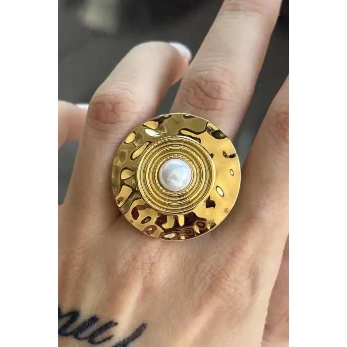 Altın Renk İnci Detaylı Ayarlanabilir Çelik Yüzük