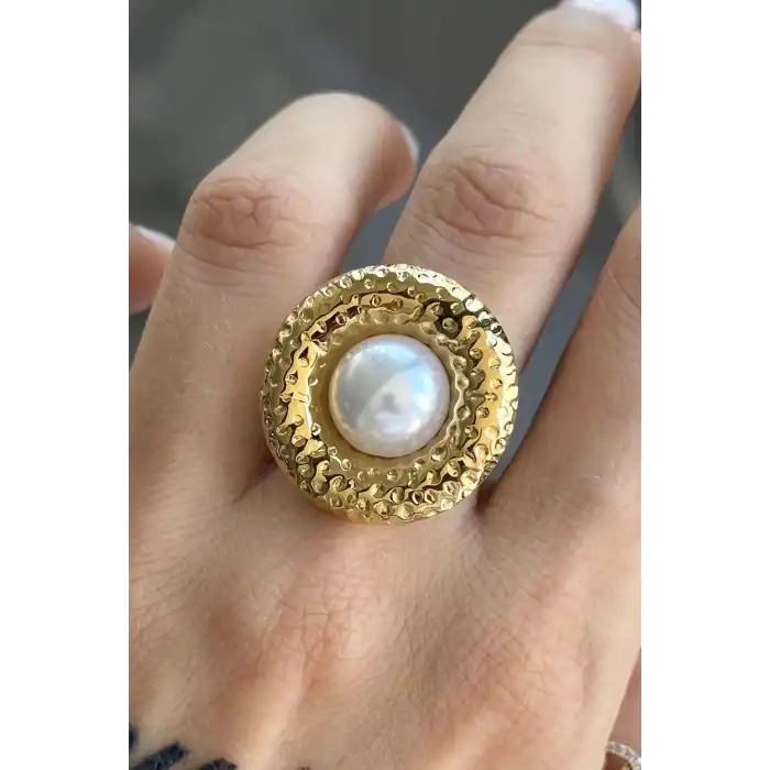 Altın Renk İnci Detaylı Ayarlanabilir Çelik Yüzük