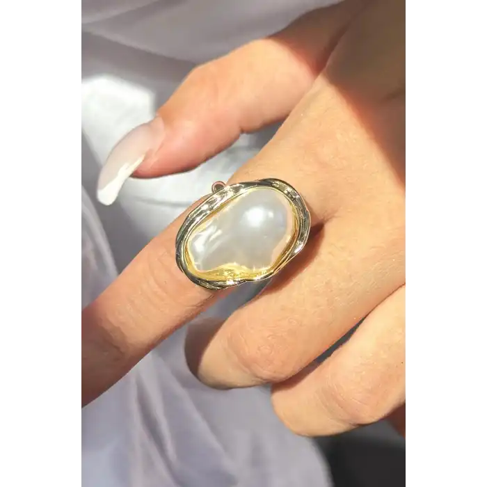 Altın Renk İnci Detaylı Ayarlanabilir Yüzük